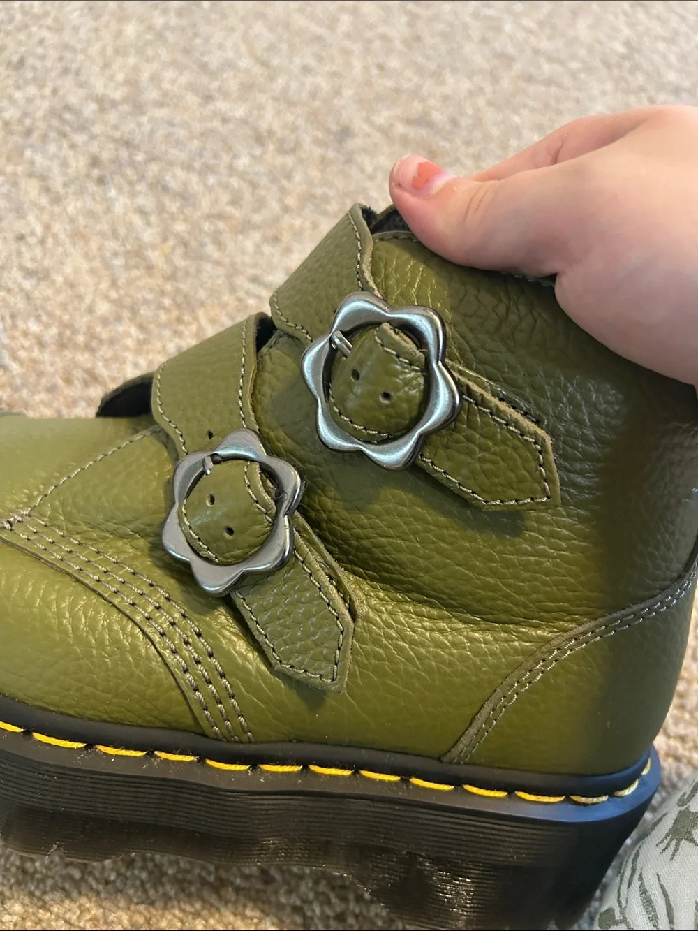Dr. Martens Devon Flower Buckle Leather Platform Boots in khaki green